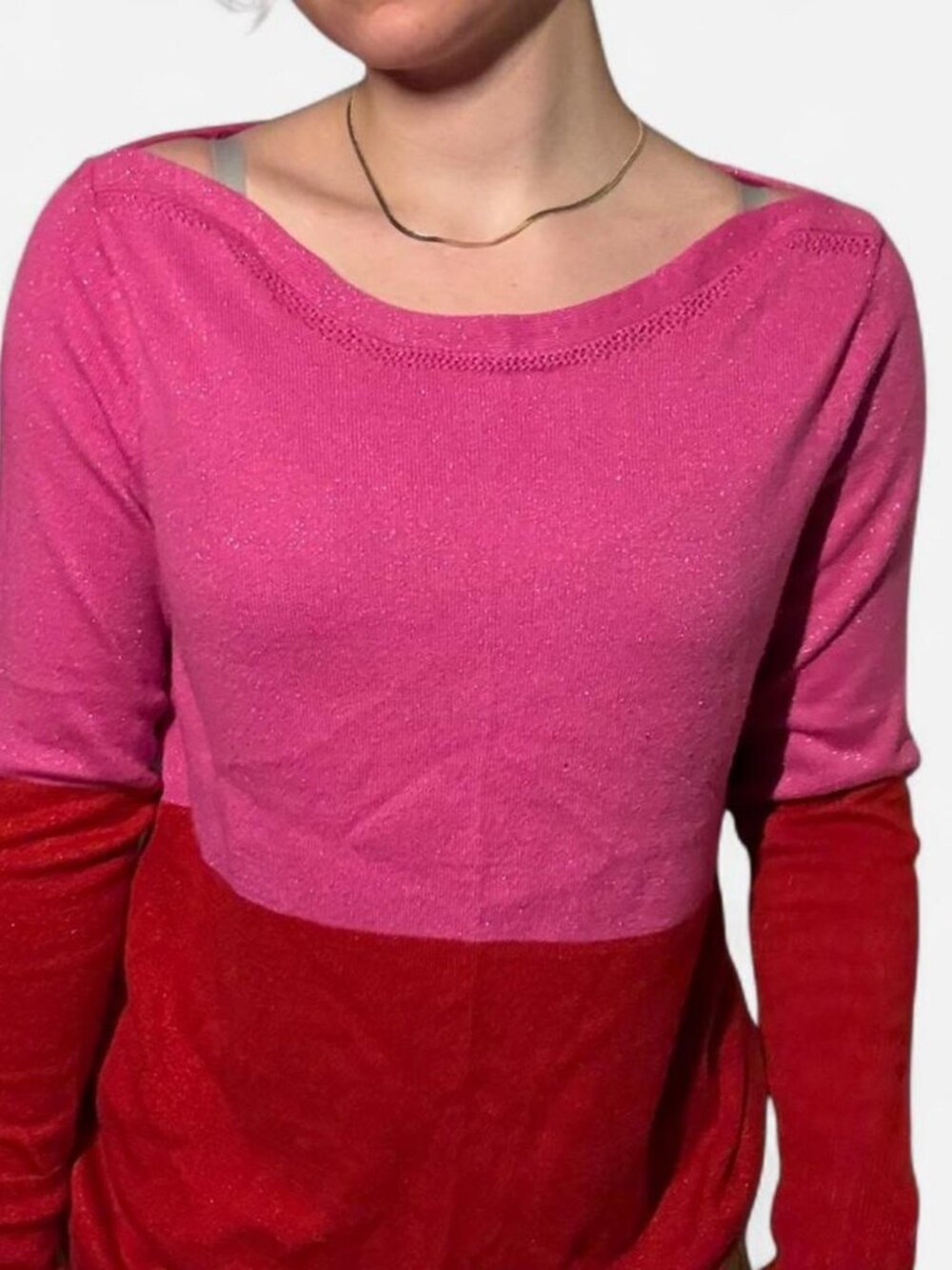 Sparkly pink red colorblock boat-neck long sleeve shirt with sparkles - Size